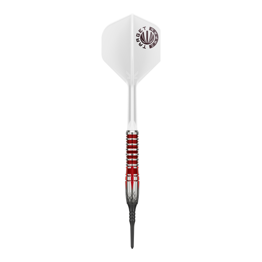 Dies ist ein Softdart des Produkts „Target Japan Misumasa Hoshino Pyro GEN10 MAX Softdarts - 19g“. Der Dartpfeil hat ein auffälliges Design mit roten und silbernen Ringen und weißen Flights.