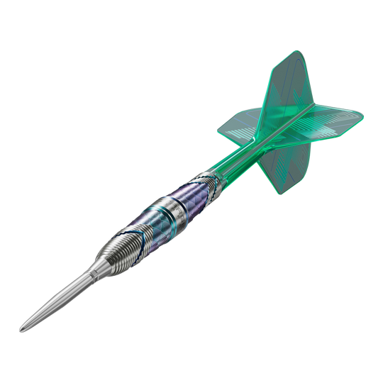 Das Bild zeigt einen Target Japan Kaze Series Ceros 01 Steeldart mit 23g Gewicht. Der Dartpfeil hat ein silbernes Griffstück und grüne Flights.