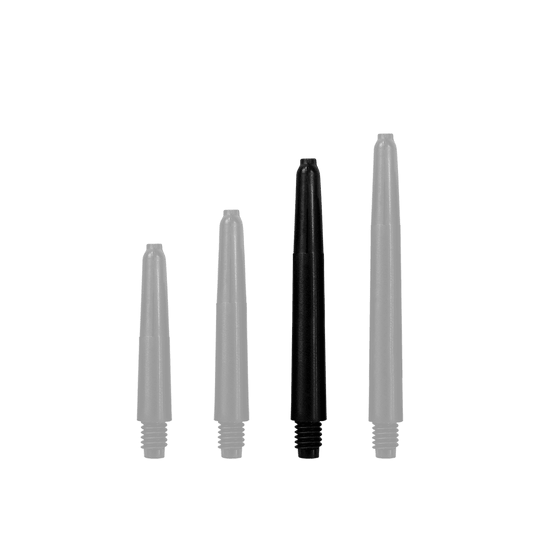 567_Nylon_Shafts_Schwarz_40mm_1Ml4i02i3l4FV7 Das Bild zeigt vier schwarze Nylon Shafts in unterschiedlichen Längen. Sie sind nebeneinander angeordnet und haben ein Schraubgewinde am unteren Ende.