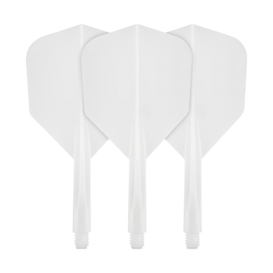 CO-0004_Condor_Axe_White_Flight-System_Small_1 Das Bild zeigt drei weiße Dartflights mit integriertem Schaft. Es handelt sich um das Produkt "Condor Axe White Flight-System Small".