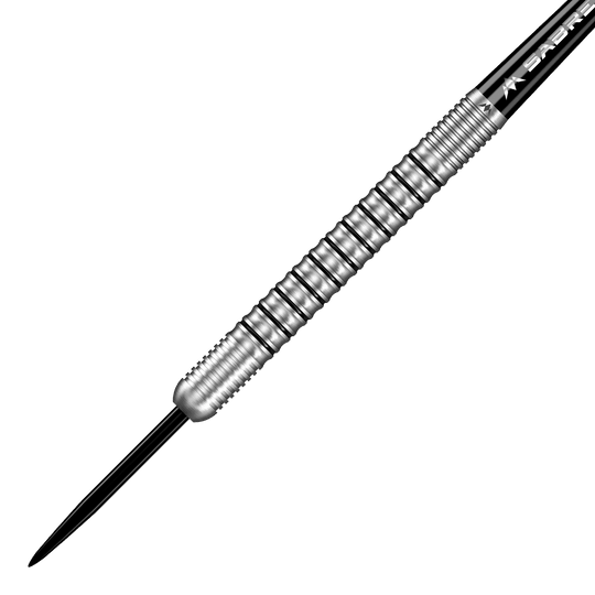 Mise Dominik Grüllich Steeldarts Dieses Bild zeigt einen Mission Dominik Grüllich Steeldart mit einem Gewicht von 23,5 Gramm. Der Dart ist aus silberfarbenem Metall und hat ein geriffeltes Griffstück.