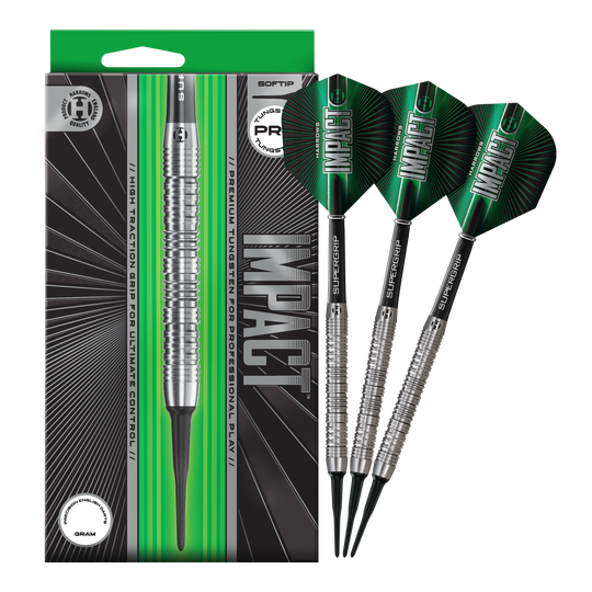 Měkké šipky Harrows Impact Auf dem Bild sind die Harrows Impact Softdarts komplett abgebildet. Das gesamte Produkt wird dargestellt.