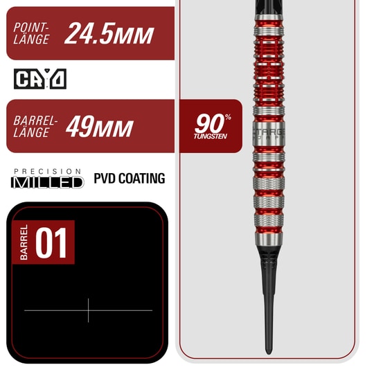 Měkké šipky Target Black Marque Spinel - 21,5 g Zu sehen sind die Target Black Marque Spinel Softdarts mit 21,5g Gewicht. Perfekt geeignet für anspruchsvolle Dartspieler.