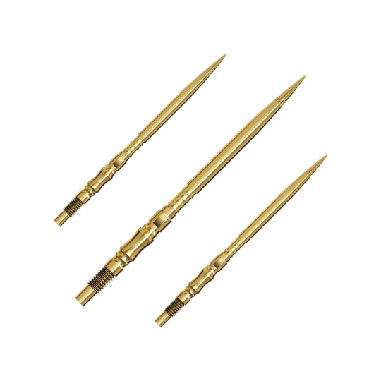 Špičky na šipky Harrows Quick Point Axis Elite Series - zlaté Ein Set von mehreren goldfarbenen Dartspitzen liegt nebeneinander. Die Spitzen sind gut sortiert und übersichtlich angeordnet.