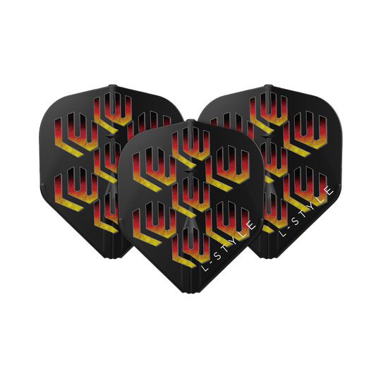 Das Bild zeigt drei schwarze Dartflights mit gelb-rotem Muster und den Buchstaben "LW". Unten rechts auf den Flights steht "L-STYLE" geschrieben.
