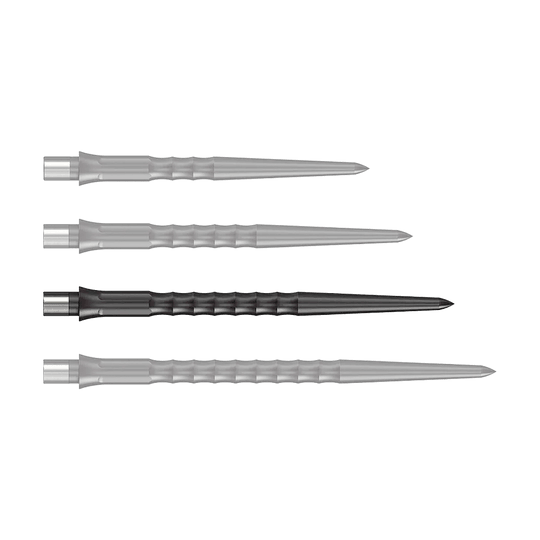 Caliburn System Steel Dart Tips - Ripple - NoLip - Black Zu sehen ist eine schwarze Steeldartspitze mit Ripple NoLip Design, 36 mm Länge. Das Produkt ist Teil des Caliburn Evo Systems.