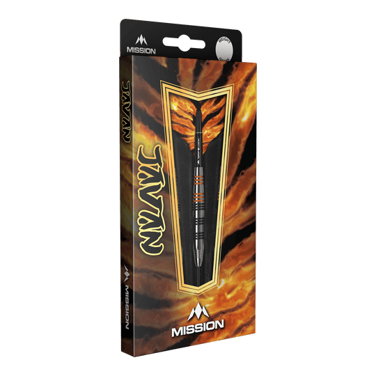 Šipky Mission Javan Brass Steel - 22g Die Abbildung zeigt die Verpackung der Mission Javan Brass Steeldarts mit einem Gewicht von 22g. Das Design ist auffällig und besitzt feurige Farben mit dem Produkt im Vordergrund.
