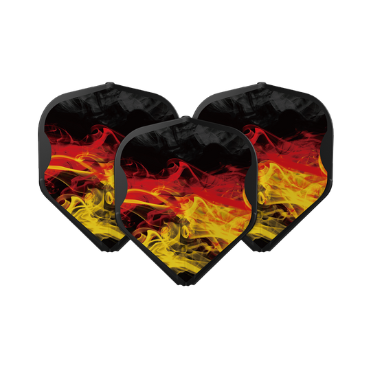 Das Bild zeigt drei Dartflights der Marke L-Style RYB-Series Type D Black L1EZ. Sie sind schwarz mit roten und gelben Rauchmustern gestaltet.