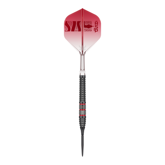 Šipky Target Nathan Aspinall 95K Swiss Point Steel Foto von Target Nathan Aspinall 95K Swiss Point Steeldarts. Die Steeldarts sind aus einer bestimmten Perspektive zu sehen.