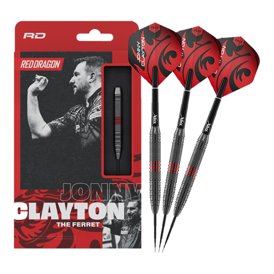Ocelové šipky Red Dragon Jonny Clayton Core Brass - 21g Dieses Bild zeigt die Red Dragon Jonny Clayton Core Brass Steeldarts - 21g in voller Länge. Die Darts haben goldene Rillen und rote sowie schwarze Details am Flight.