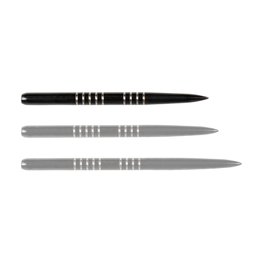 57741_Bulls_GP1_Steeldartspitzen_Schwarz_34mm_1S43CBIyrlkixz Das Bild zeigt drei schwarze Steeldartspitzen des Modells "Bulls GP1". Sie sind schlank und haben mehrere silberne Rillen zur besseren Griffigkeit.