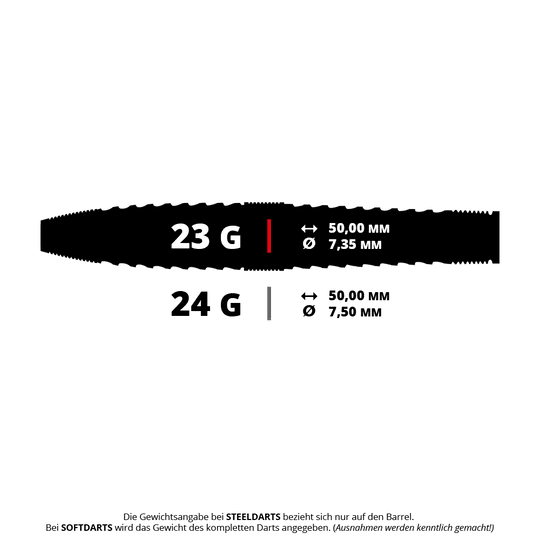 Dieses Bild präsentiert Harrows GEO Torpedo QuickPoint Steeldarts mit einem Gewicht von 23g. Sie werden für das Steeldart-Spiel verwendet.