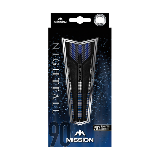 Ocelové šipky Mission Nightfall Model 1 Das Bild zeigt die Verpackung der "Mission Nightfall Model 1 Steeldarts". Die Darts bestehen zu 90 % aus Tungsten und sind elegant in einer blau-schwarzen Schachtel präsentiert.