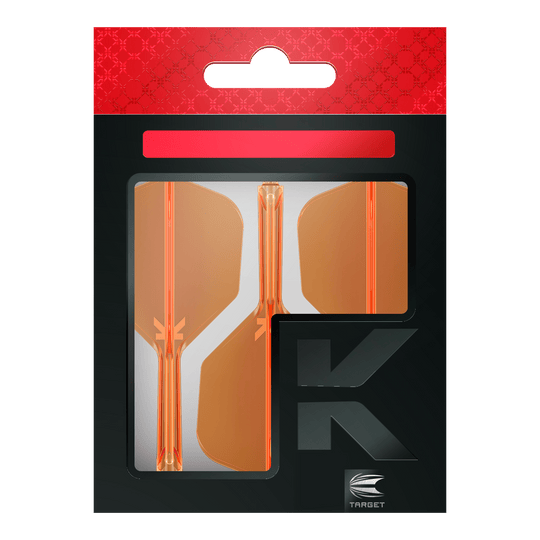 Letový systém Target K-Flex No6 - neonově oranžový Die Verpackung zeigt drei neonorange Dart-Flights der Marke Target. Das Design ist modern mit einem schwarz-roten Hintergrund und einem großen "K" auf der Vorderseite.