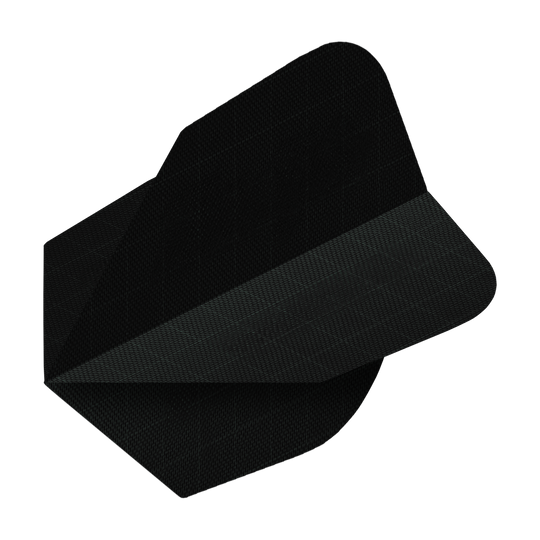 Das Bild zeigt einen schwarzen Nylon-Stoff No6 Flight. Dieses Zubehör wird für Dartpfeile verwendet.