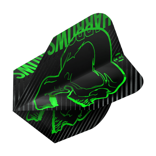 Lety do Harrows Rage Green č. 6 Das Bild zeigt das Produkt "Harrows Rage Green No6 Flights". Die Dart-Flights sind schwarz mit grünen, auffälligen Grafiken und Schriftzügen gestaltet.