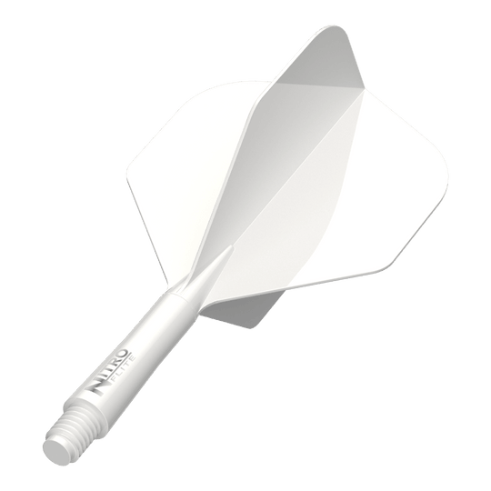 Dieses Bild zeigt einen weißen Dart-Schaft mit weißen Flights der Größe Short, basierend auf dem Dateinamen. Das Produkt ist ca. 19,5 mm lang.