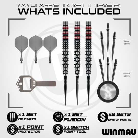 Šipky Winmau Fornax Tapered Switch Point ocelové Das Bild zeigt die Winmau Fornax Tapered Switch Point Steeldarts. Es sind hochwertige Darts mit einem spitz zulaufenden Design.