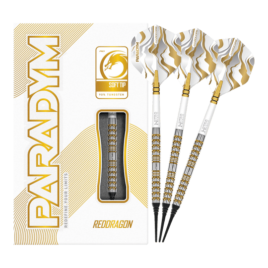 Šipky Red Dragon Paradym Gold Parallel Softdarts - 20g Das Bild zeigt die Red Dragon Paradym Gold Parallel Softdarts - 20g in voller Länge. Die goldfarbenen Darts wirken hochwertig und professionell.