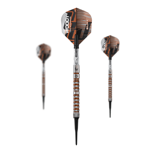 Die Abbildung zeigt die Harrows Luke Woodhouse Series 3 Softdarts mit einem Gewicht von 18g. Das Produkt ist für das Softdartspiel geeignet.