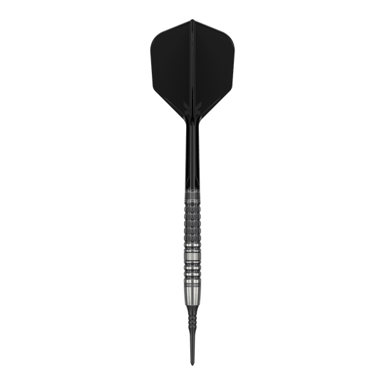 Měkké šipky Target Japan Black Marque Lumiere GEN3 - 18,5 g Das Bild zeigt einen Softdart mit schwarzer Spitze, schwarzem Shaft und Flight sowie einem silbernen, strukturierten Barrel. Es handelt sich um den "Target Japan Black Marque Lumiere GEN3 Softdarts - 18,5g".