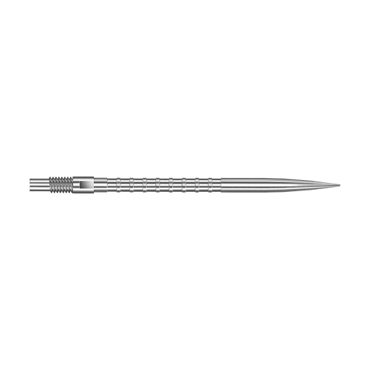Špičky na šipky Harrows Quick Point Heavy Metal - stříbrné Das Bild zeigt eine silberne Dartspitze mit Heavy Metal Grip, 40 mm lang. Die Spitze liegt auf weißem Hintergrund.