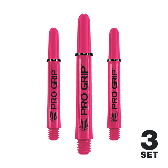 Target Pro Grip Shafts - 3 sady - Pink Das Bild zeigt drei pinke Pro Grip Shafts für Darts. Unten rechts steht "3 Set" geschrieben.