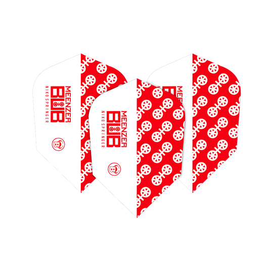 Letky Bulls X-Powerflite Niko Springer XXL B-Standard Das Bild zeigt drei Dart-Flights des Modells "Bulls X-Powerflite Niko Springer XXL B-Standard Flights". Die Flights sind rot-weiß gestaltet und mit einem auffälligen Muster sowie dem Schriftzug "MEENZER NIKO SPRINGER" bedruckt.