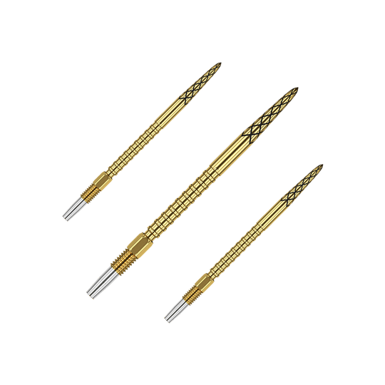 Auf dem Bild sind drei goldene Dartspitzen mit schwarzen Rillen zu sehen. Sie sind lang und haben ein silbernes Gewinde am unteren Ende.