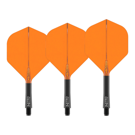 Letky Red Dragon Nitrofile Black Shaft Orange No2 Dies ist das Produkt Red Dragon Nitroflite Black Shaft Orange Flights No2. Es wird ein Dart-Schaft mit orangefarbenen Flights gezeigt.