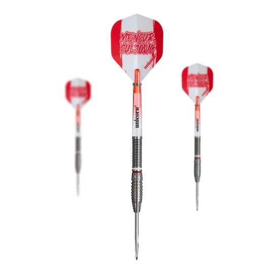 Die Abbildung zeigt Unicorn Mensur Suljovic The Gentle Steeldarts - 23g als Set. Es handelt sich um ein komplettes Dart-Set für ambitionierte Spieler.