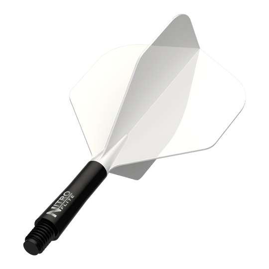 Dies ist das Produkt Red Dragon Nitro Flite Solid White and Black Short. Es zeigt einen weißen Flight mit schwarzem Schaft in kurzer Länge.