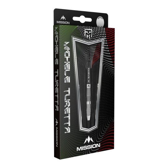 Die Mission Michele Turetta Sandblasted Steeldarts in 23g sind abgebildet. Die Dartpfeile verfügen über ein sandgestrahltes Design.