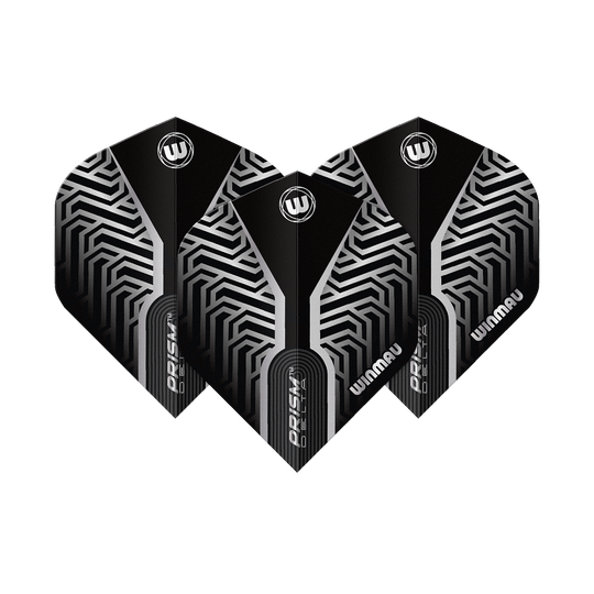 Letky Winmau Prism Delta Silver No2 Standard Dieses Bild zeigt Winmau Prism Delta Silver No2 Standard Flights. Silberne und schwarze Dart-Flights sind dargestellt.