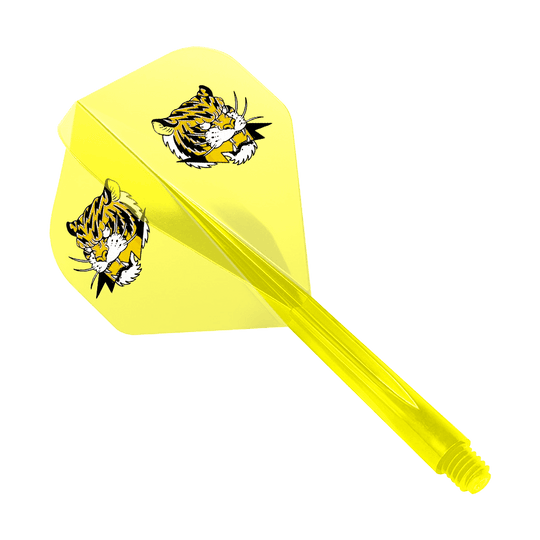 Condor AX Inazuma Tiger Mix Flight System Yellow Clear - Standard Das Bild zeigt einen gelben Dart-Flight mit zwei Tigerköpfen als Motiv. Das Produkt ist das "Condor AXE Inazuma Tiger Mix Flight-System Yellow Clear - Standard".