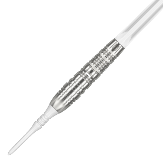 Měkké šipky Target Japan Crux Trust - 17g Dies ist ein silberner Softdartpfeil mit einem weißen Kunststoffspitze. Das Produkt heißt "Target Japan Crux Trust Softdarts - 17g".