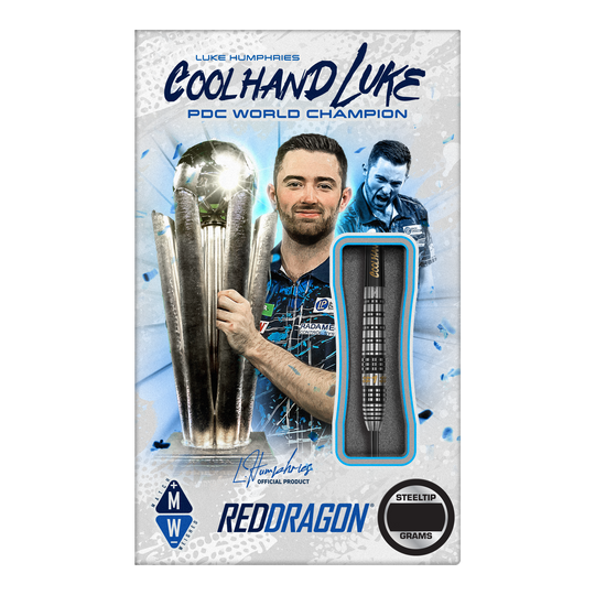 Das Bild zeigt das Produkt "Red Dragon Luke Humphries Prestige Steeldarts". Auf der Verpackung ist Luke Humphries mit einem Pokal und einem Steeldart abgebildet.