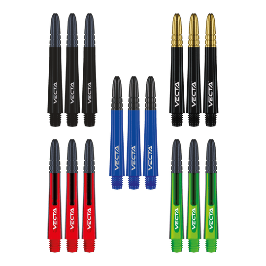 Kolekce shaftů Winmau Vecta Das Foto zeigt die Winmau Vecta Shaft Collection. Die Sammlung umfasst verschiedene Dartschäfte.