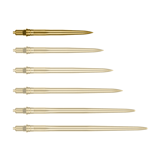 Špičky šipek Caliburn EZ-EVO - Hladké - Zlaté Auf dem Bild ist eine einzelne goldene Dartspitze zu sehen, vermutlich 28mm lang. Es handelt sich um eine Caliburn EZ-EVO Dartspitze der Variante Smooth.