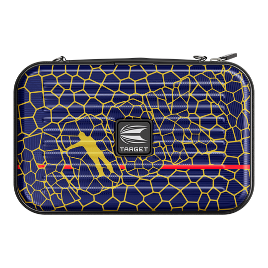 Pouzdro na šipky Target Takoma Josh Rock XL Das Bild zeigt ein Dartcase mit dem Namen "Target Takoma Josh Rock XL Dartcase". Das Etui ist dunkelblau mit einem gelben Wabenmuster und hat in der Mitte ein Target-Logo.