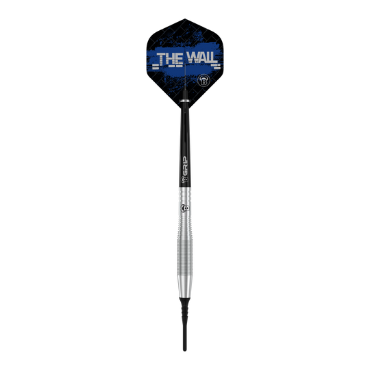 Dies ist ein Bulls Martin Schindler TW80 Softdart mit einem Gewicht von 18g. Auf dem Flight steht in blauer Schrift "THE WALL".