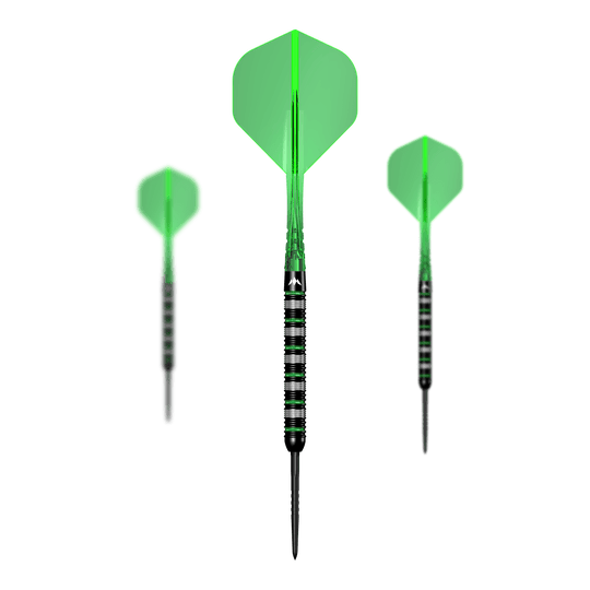 Auf diesem Bild ist ein Set der Mission Moldavite Steeldarts - 23g zu sehen. Das Set besteht aus mehreren Dartpfeilen.