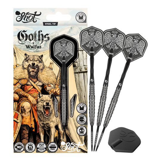 Ocelové šipky Shot Goths Wulfaz Turbo Point - 23g Auf diesem Bild sieht man die Shot Goths Wulfaz Turbo Point Steeldarts - 23g in voller Ansicht. Das Design ist auffällig und für Dart-Fans interessant.