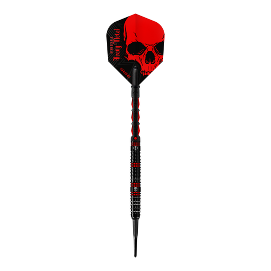 Der abgebildete Dartpfeil ist der „Harrows Ryan Searle Heavy Metal Softdart“. Er hat ein auffälliges schwarzes Design mit roten Elementen und einem Totenkopf auf dem Flight.