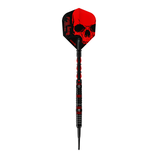 Měkké šipky Harrow's Ryan Searle Heavy Metal Der abgebildete Dartpfeil ist der „Harrows Ryan Searle Heavy Metal Softdart“. Er hat ein auffälliges schwarzes Design mit roten Elementen und einem Totenkopf auf dem Flight.