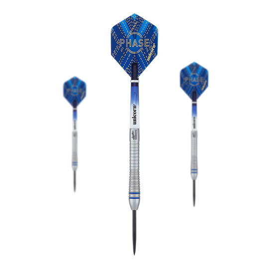 Mistr světa Unicorn Phase 6 Gary Anderson Steeldarts Das Bild zeigt drei Steeldarts des Modells „Unicorn Phase 6 World Champion Gary Anderson“. Die Darts haben blaue Flights mit dem Schriftzug „Phase 6“ und silberne, gerillte Barrels.