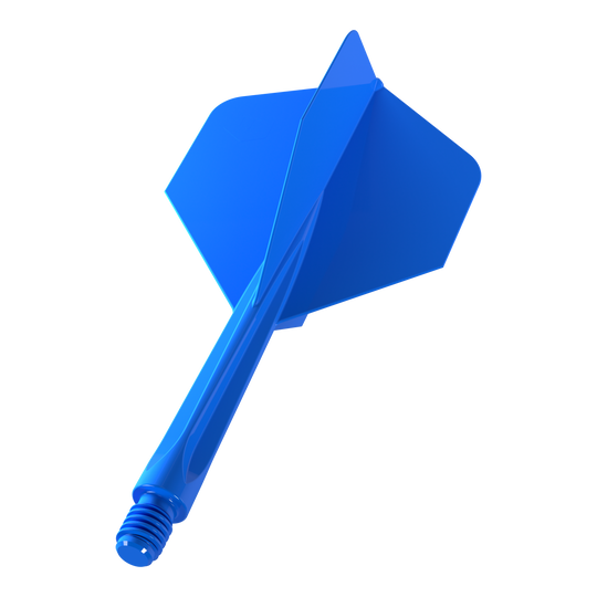Auf dem Bild ist ein blauer Dartflügel mit integriertem Schaft zu sehen. Es handelt sich um das Produkt „Unicorn Forge All In One Plus No2 Standard Flights Blau - Medium“.