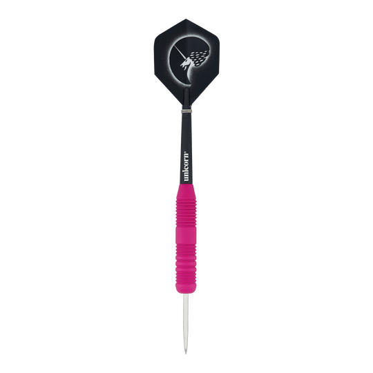 Šipky Unicorn Core Plus pogumované růžové ocelové Dies ist ein Steeldart mit einer pinken, gummierten Griffzone. Das Flight zeigt ein Einhorn-Design auf schwarzem Hintergrund.