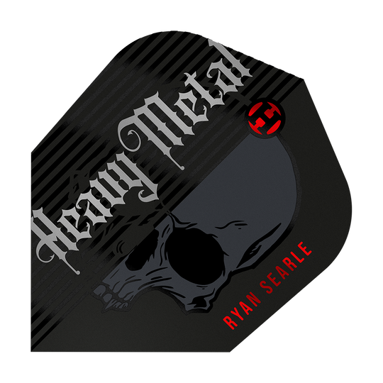 Harrow's Ryan Searle Heavy Metal Series 2 Lety Das Bild zeigt ein Dart-Flight mit dem Aufdruck "Heavy Metal" und einem Totenkopf-Design. Unten rechts steht in roten Buchstaben der Name "Ryan Searle".