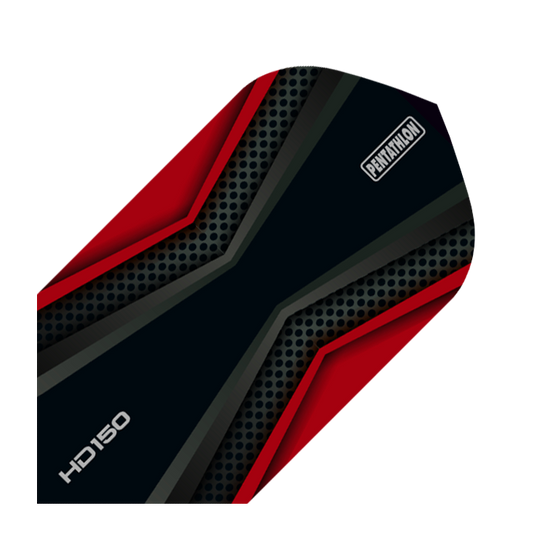 HD-42-HD150-Pentathlon-Red-Black-Flights Das Bild zeigt einen HD 150 Pentathlon Flights Black/Red Slim Dartflug. Das Design ist schwarz mit roten und grauen Akzenten sowie dem Pentathlon-Logo.